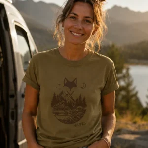 femme souriante p^orte un t-shirt van life idée cadeau pour les amoureux de la nature des bivouacs