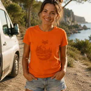 femme debout portant un t-shirt van life orange en bord de lac