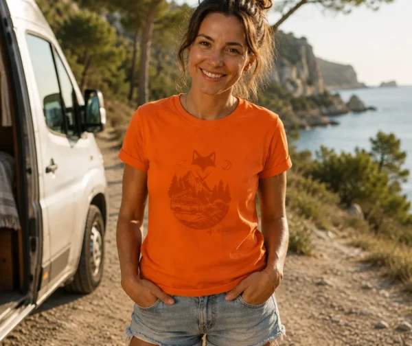 femme debout portant un t-shirt van life orange en bord de lac