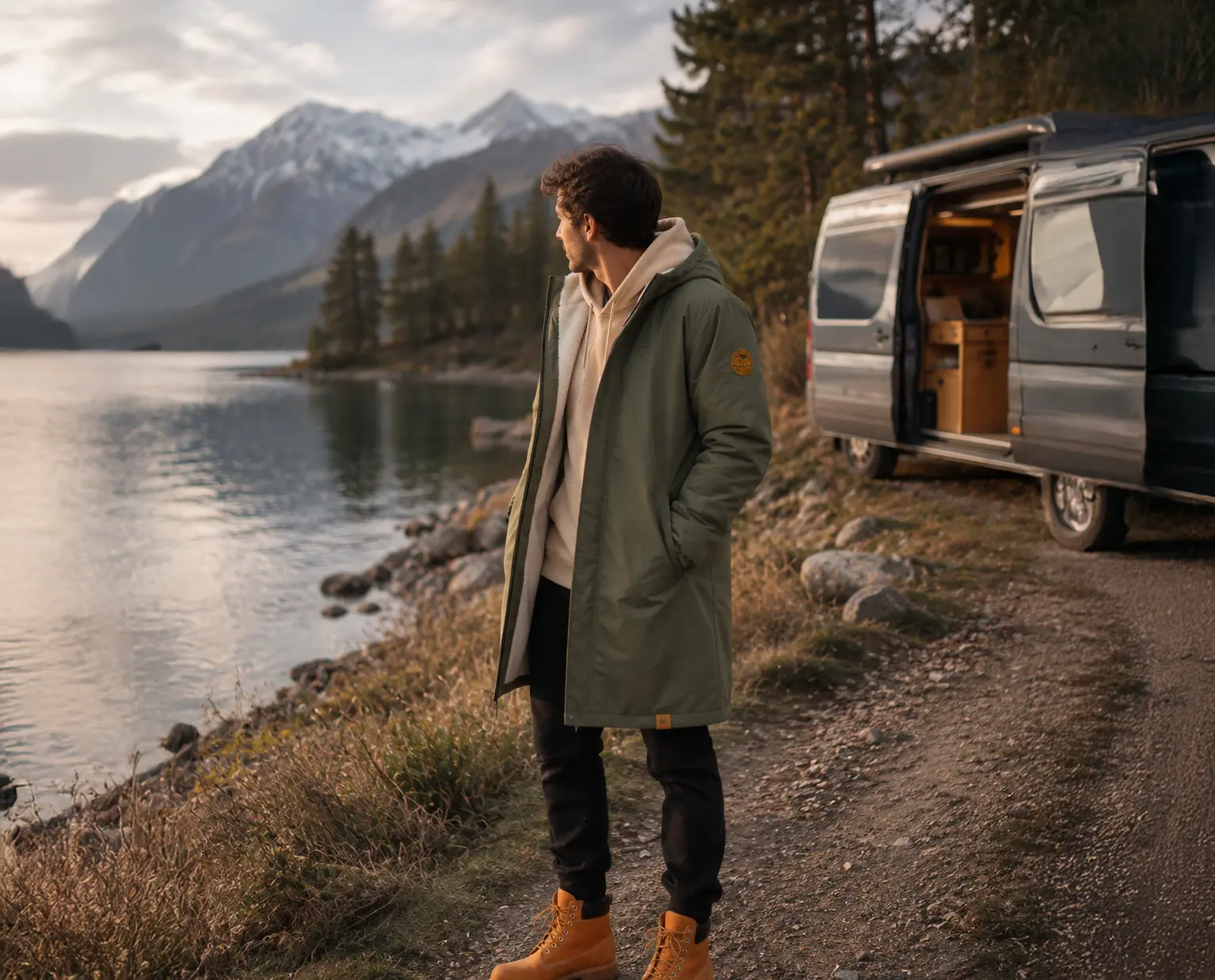 homme portant la veste parka kaki sherpa van life en bord de lac
