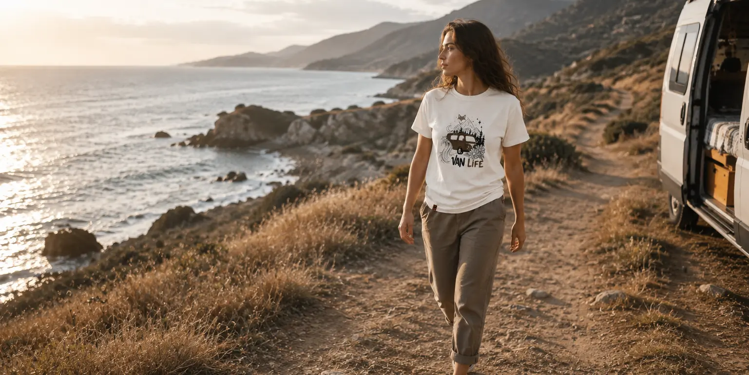 T-shirt femme vanlife blanc porté lors d'un roadtrip en bord de mer