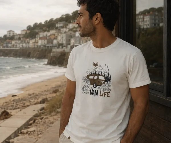 T-shirt vanlife outdoor homme blanc What The Fox près de la côte