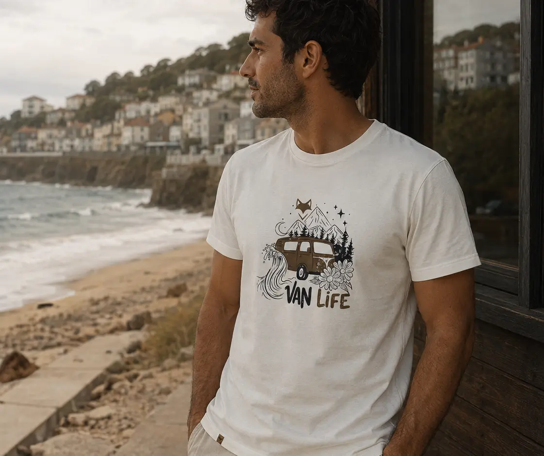 T-shirt vanlife outdoor homme blanc What The Fox près de la côte