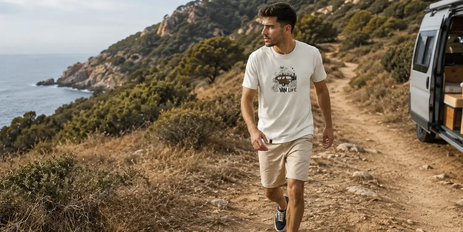 T-shirt homme outdoor vanlife blanc porté lors d'une balade en bord de mer