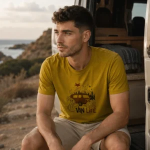 T-shirt homme outdoor jaune moutarde What The Fox