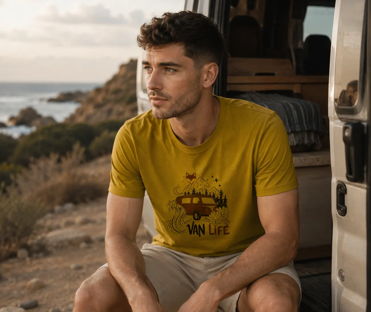T-shirt homme outdoor jaune moutarde What The Fox