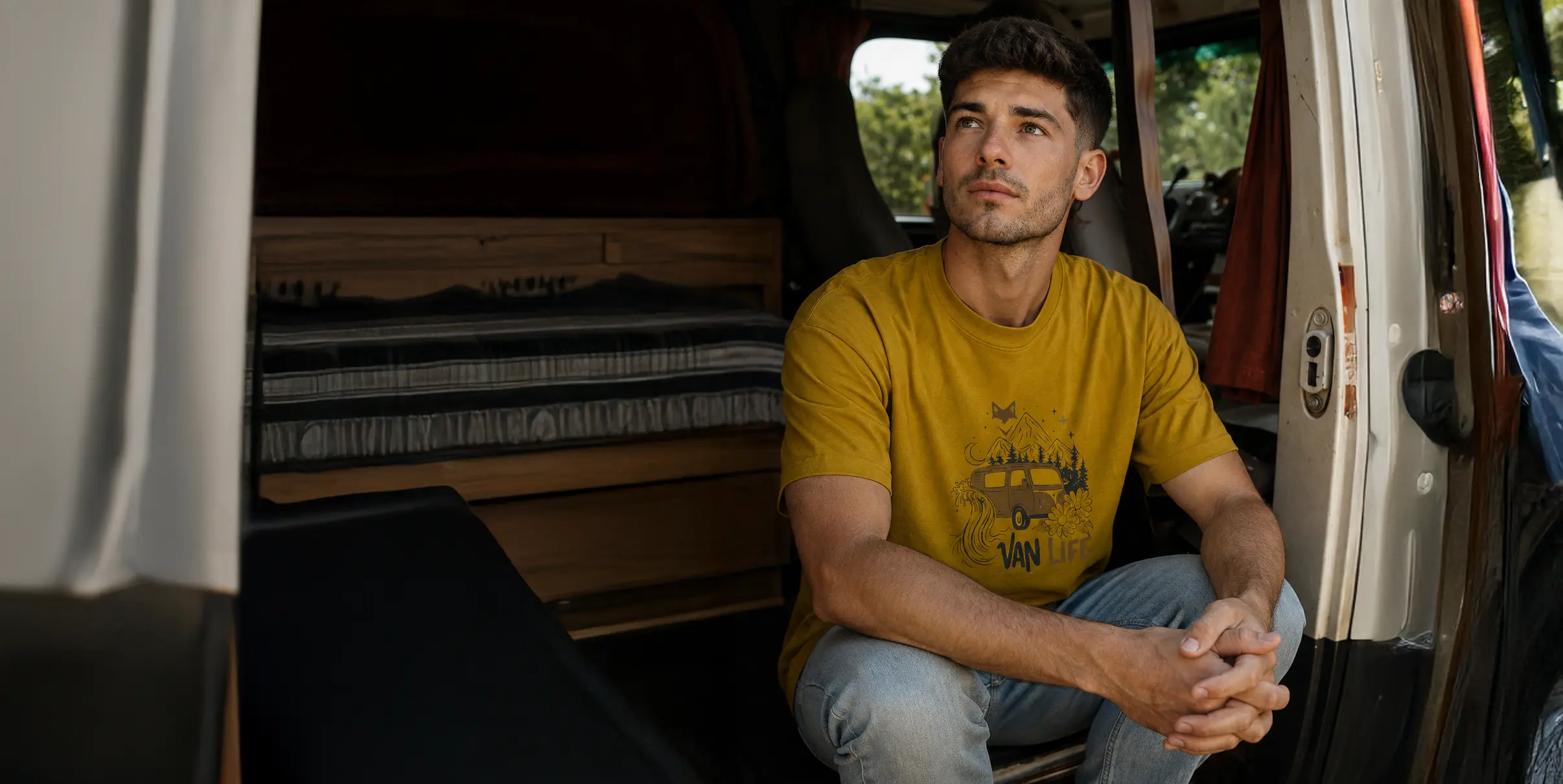 T-shirt homme vanlife jaune moutarde porté dans un van aménagé