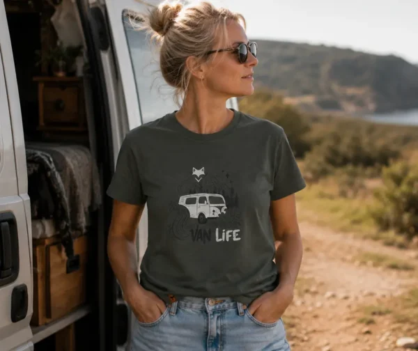 T-shirt femme vanlife vert porté lors d'un roadtrip en pleine nature