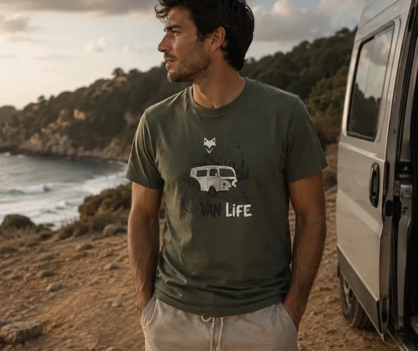 T-shirt vanlife homme vert porté près d'un van aménagé