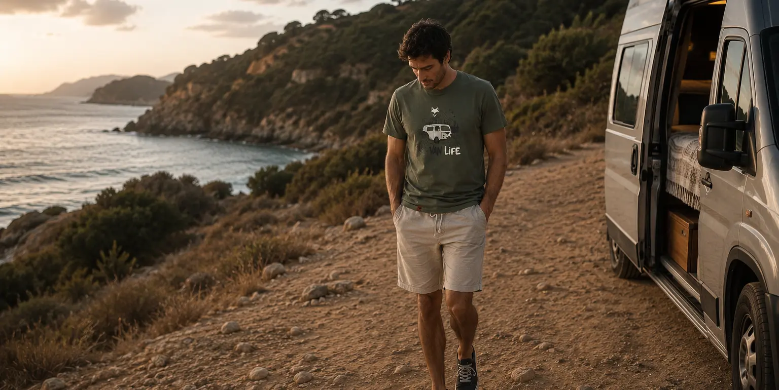 T-shirt homme vanlife vert porté lors d'une randonnée en pleine nature