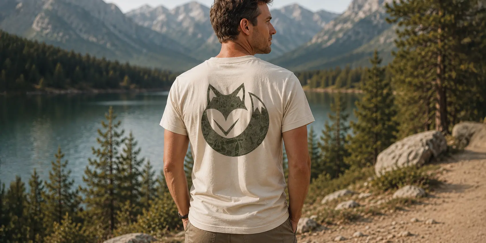 Homme portant un t-shirt vanlife lors d'un road trip avec notre logo de renard