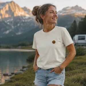 shooting réalisé lors d'un road trip t-shirt écusson suédine van life porté par un femme dans un cadre naturel