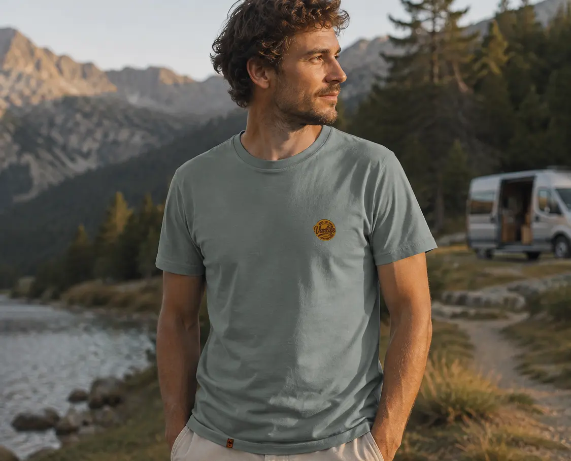 shooting réalisé lors d'un road trip t-shirt écusson suédine van life porté par un homme dans un cadre naturel