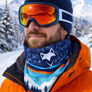 Cache court VAnlife porté par un homme dans une station de ski dans les alpes
