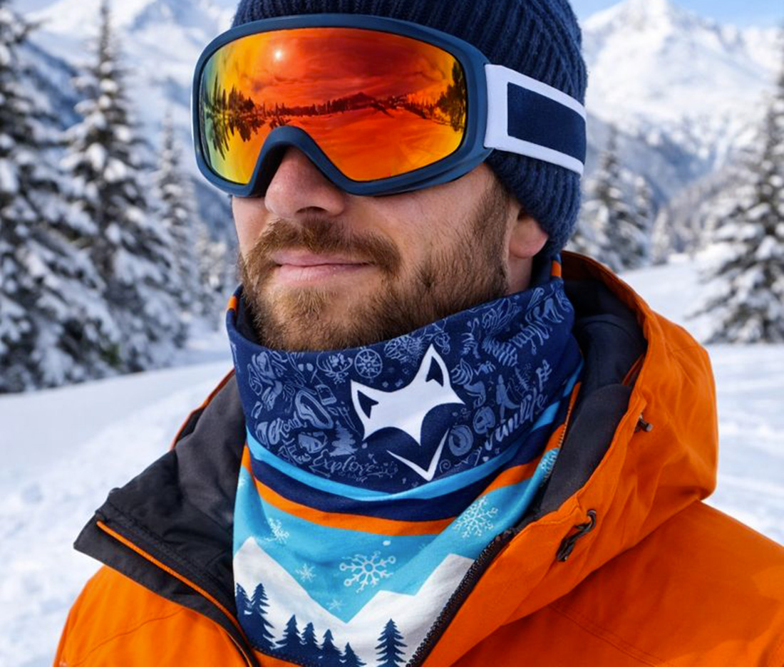 Cache court VAnlife porté par un homme dans une station de ski dans les alpes