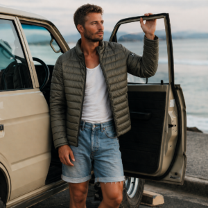 homme devant son van portant la doudoune légère avec broderie sur la manche en bord de mer