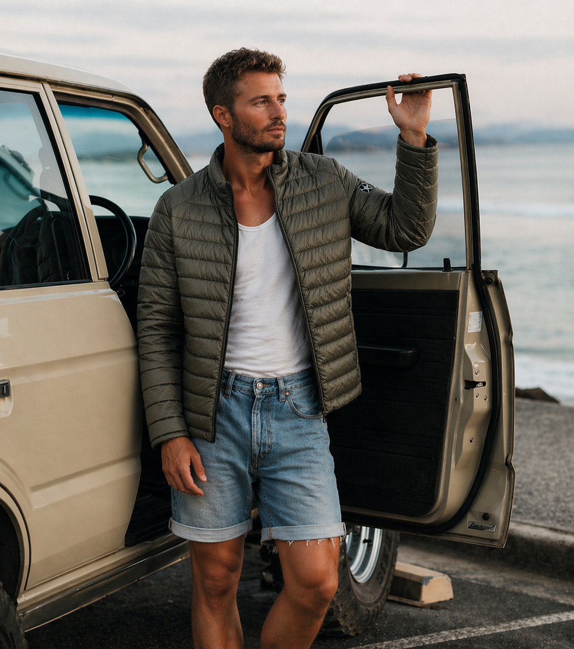 homme devant son van portant la doudoune légère avec broderie sur la manche en bord de mer