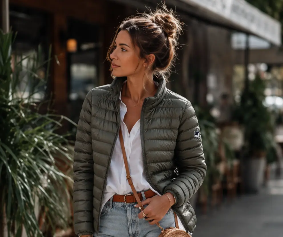 femme portant la douodoune legere devant les terrasse de café