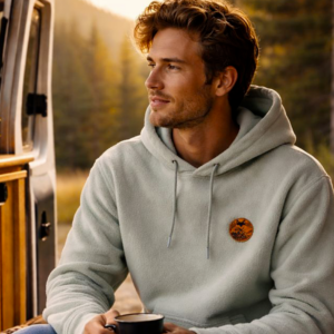 Homme portant le sweat polaire 100% recyclé coloris rivière alpine avec patch en suédine dans un van aménagé