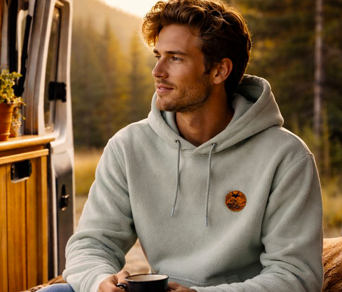 Homme portant le sweat polaire 100% recyclé coloris rivière alpine avec patch en suédine dans un van aménagé