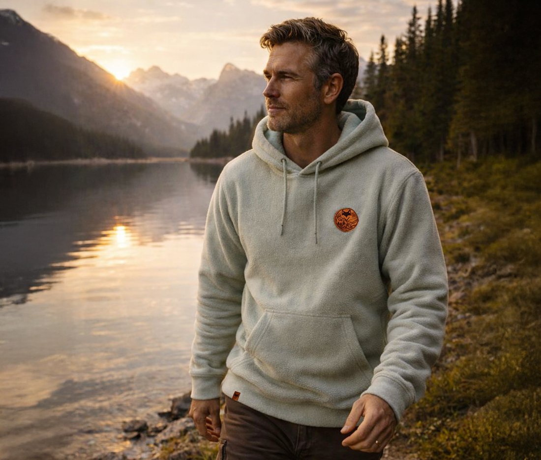 Homme portant le sweat polaire 100% recyclé coloris rivière alpine avec patch en suédine en bord de rivière lors d'une randonnée