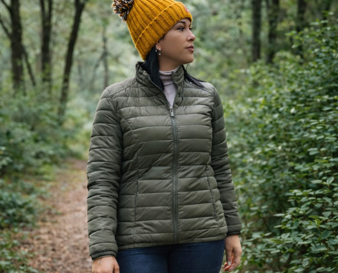 photo de la doudoune légère portée en extérieur lors d'une randonnée dans la forêt dans les Vosges