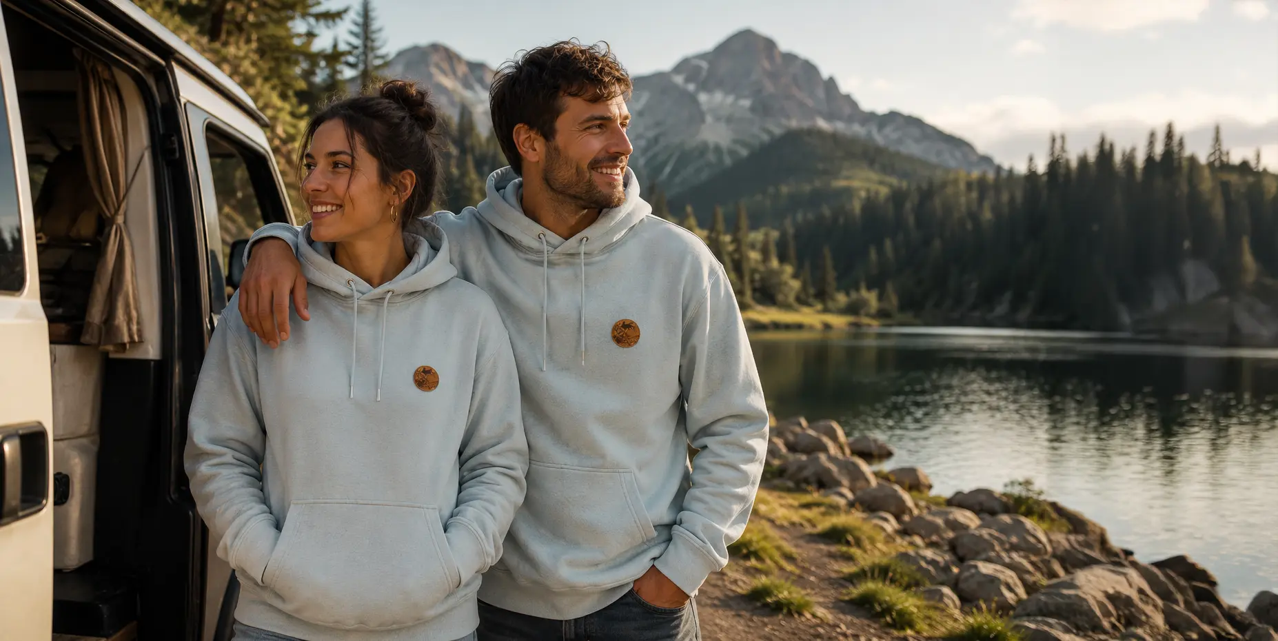 sweat polaire van life portée par un couple en bord de rivière lors d'un road trip