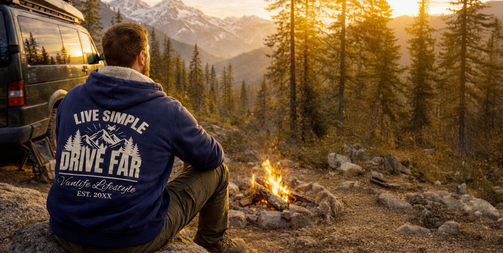 Homme de dos en pleine nature portant le sweat chaud doublé sherpa au bord d'un feu près d'un van 