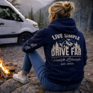 Sweat doublé sherpa porté par une femme lors d'un road trip en foret marquage sur le dos et la manche