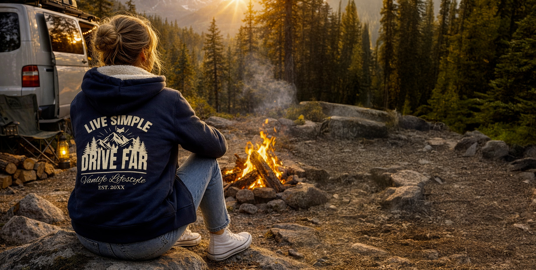 Sweat Epsilon doublé moumoute porté par une femme lors d'un road trip en montagne au près d'un feu.