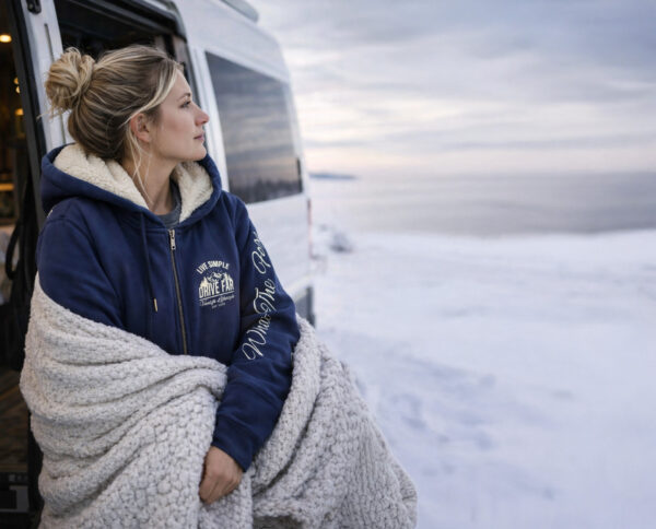 Femme adossée à son van aménagé lors d'un road trip en montagne sous la neige portant le sweat chaud vu de 3/4