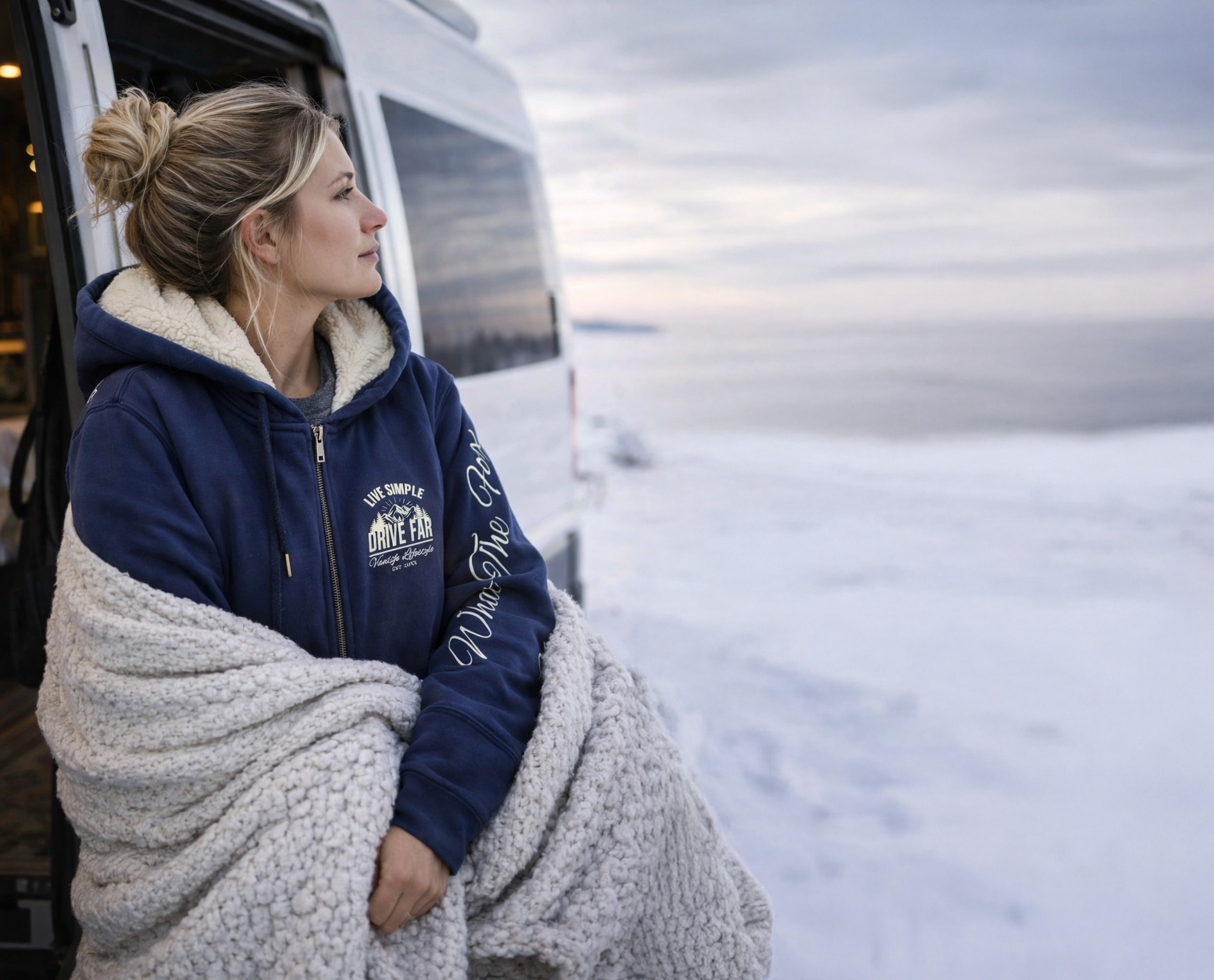 Femme adossée à son van aménagé lors d'un road trip en montagne sous la neige portant le sweat chaud vu de 3/4