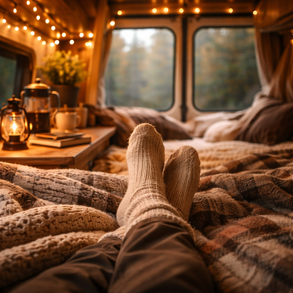 Intérieur chaleureux d’un van aménagé : une personne allongée sous une couverture avec des chaussettes en laine, entourée de lumières, d’une tasse et d’une théière, face à une fenêtre donnant sur la forêt.