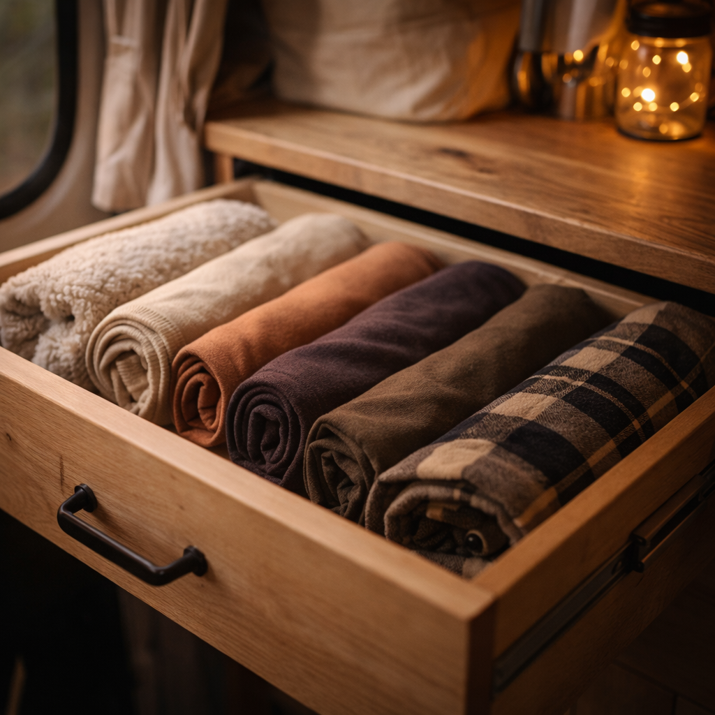 Tiroir d'un van aménager avec vêtements roulés à l'intérieur