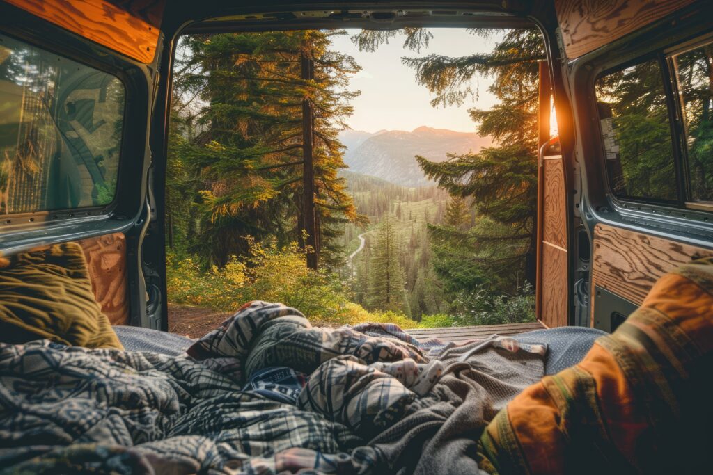 Salon van life en extérieur avec vans aménagés, visiteurs et stands, ambiance nature et coucher de soleil, événement autour du voyage nomade.