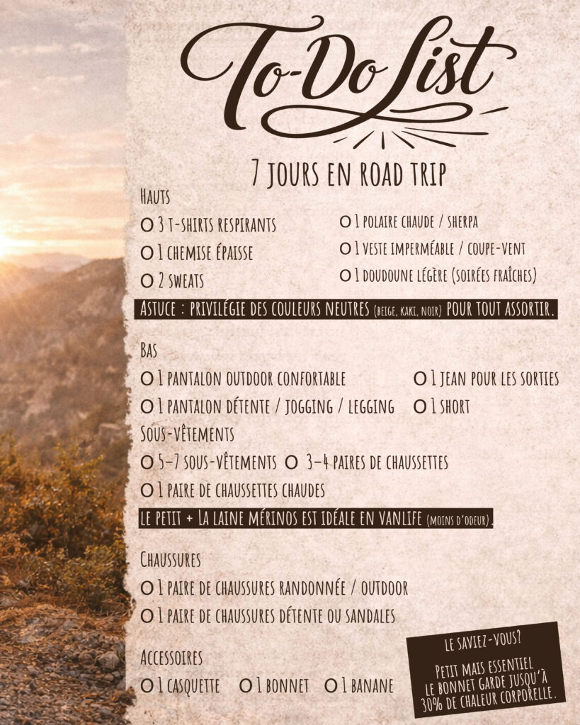 Checklist illustrée pour 7 jours en road trip : liste de vêtements et accessoires à emporter (t-shirts, polaire, veste imperméable, pantalon, sous-vêtements, chaussures, bonnet, casquette) avec conseils pour la vanlife.