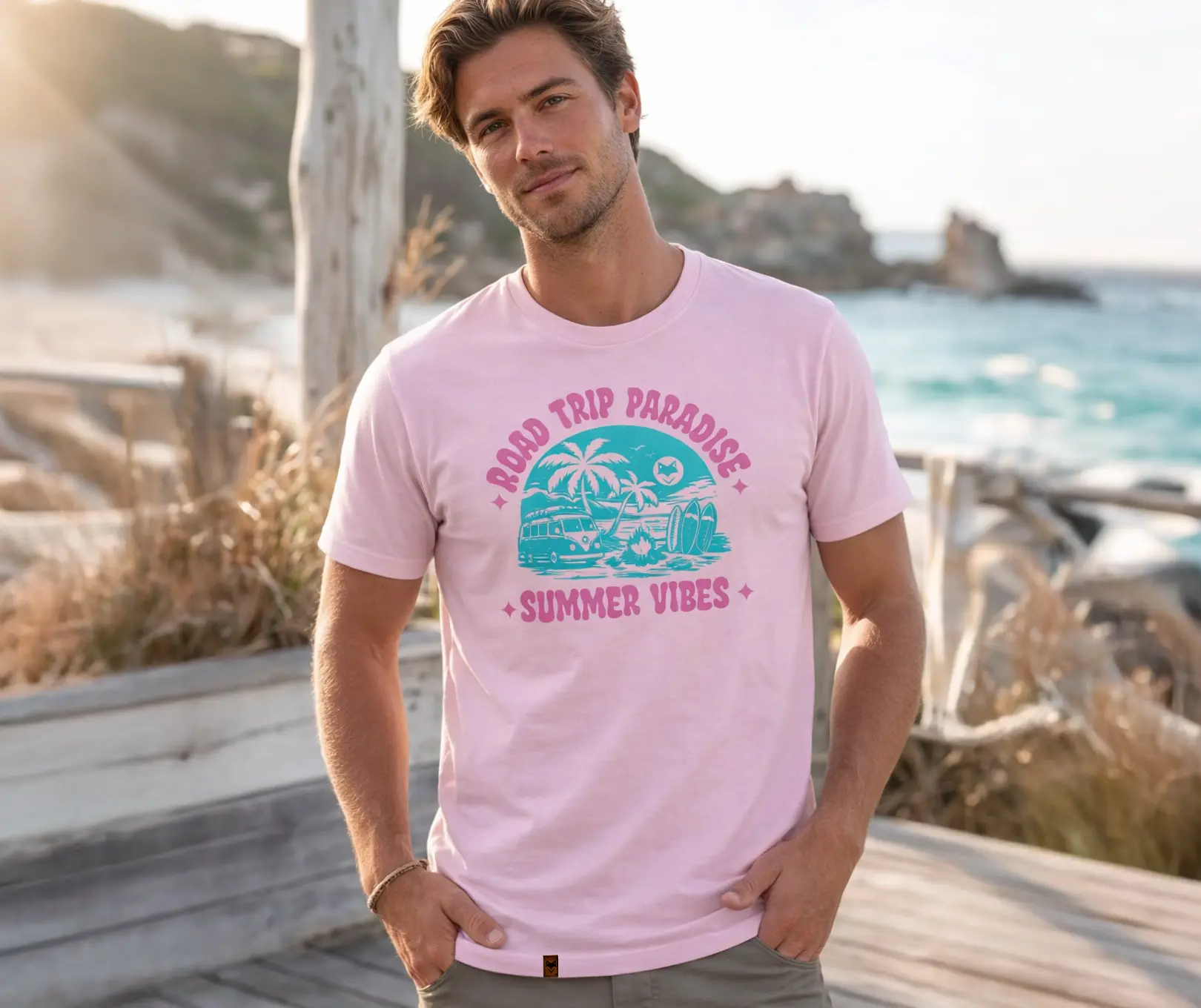homme en bord de mer portant le t-shirt canopus rose pale avec son visuel retro inspiré de la vanlife