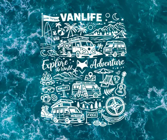citation vanlife marque de vetement sur fond ocean