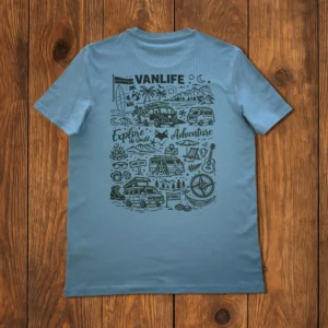 t-shirt de dos en coton bio avec citation et motif sur la van life