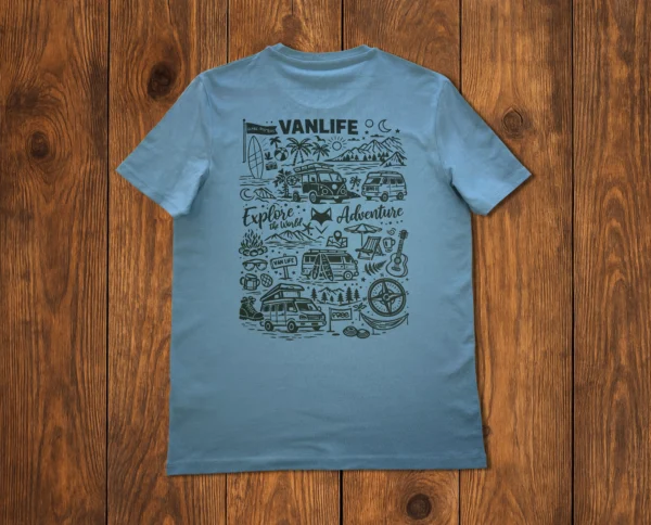 t-shirt de dos en coton bio avec citation et motif sur la van life