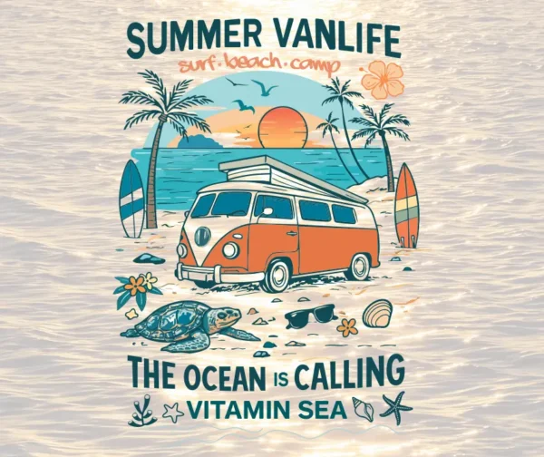 Illustration van life “Summer Vanlife” rétro sur fond océan