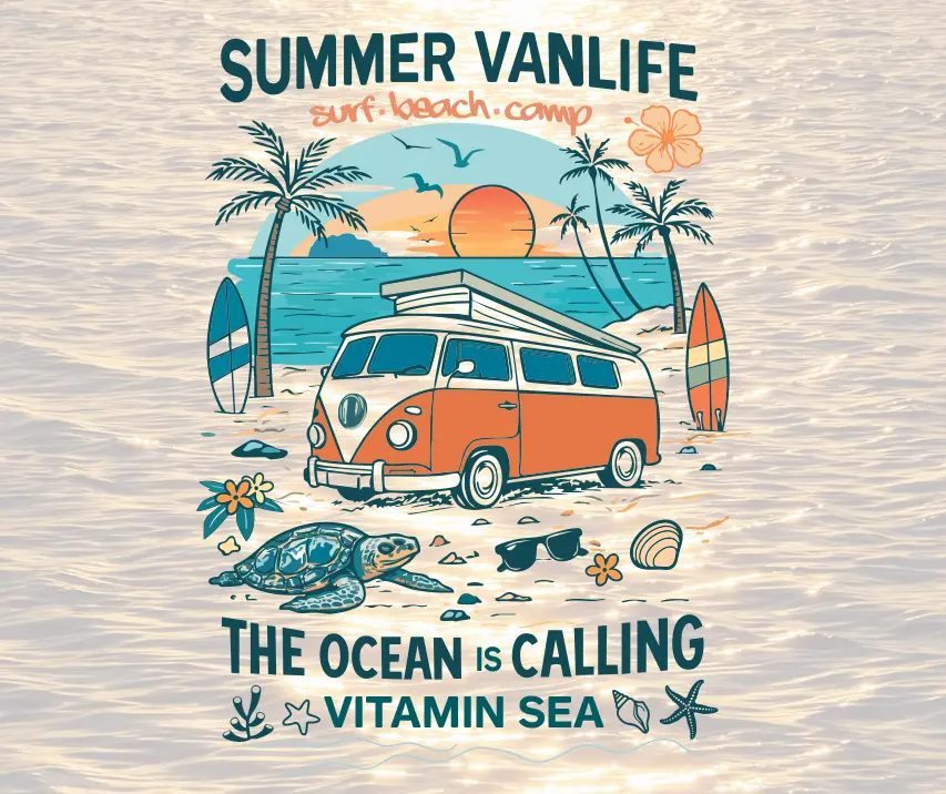Illustration van life “Summer Vanlife” rétro sur fond océan
