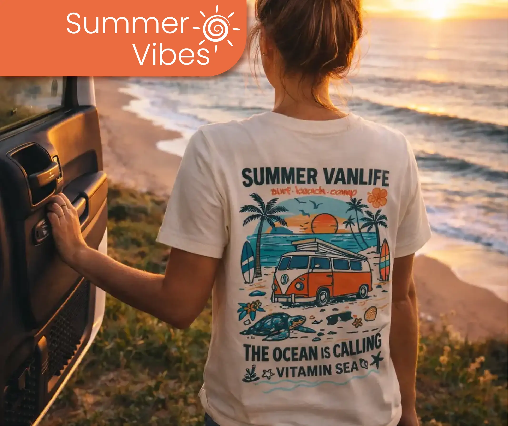 Femme dos t-shirt van life illustration van et mer