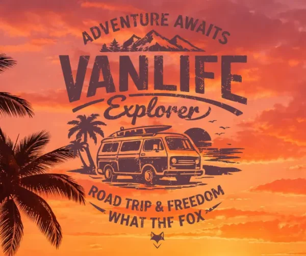 Illustration van life rétro “Adventure awaits” sur fond couché de soleil