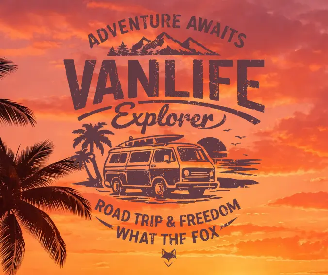 Illustration van life rétro “Adventure awaits” sur fond couché de soleil