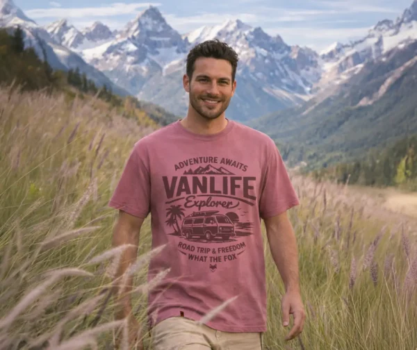 homme pris en photo pendant une randonnée dans les pyrénnées portant un t-shirt "vanlife explorer"