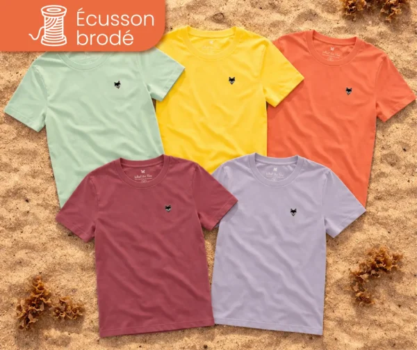Lot de t-shirts colorés van life posés sur sable