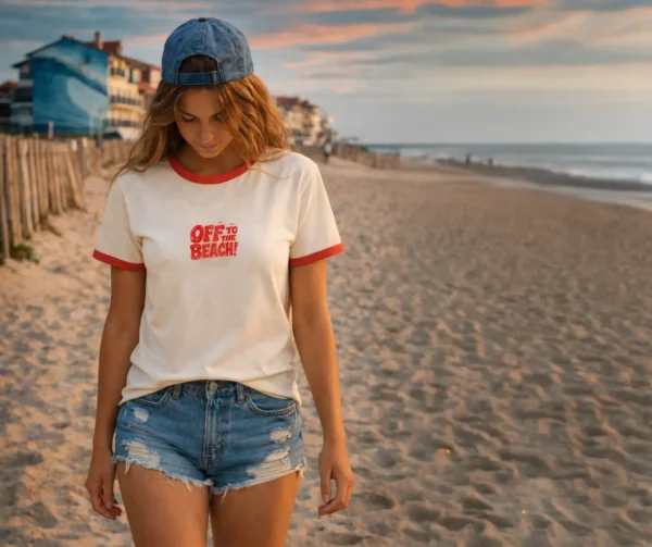 Femme en t-shirt van life sur plage à Hossegor
