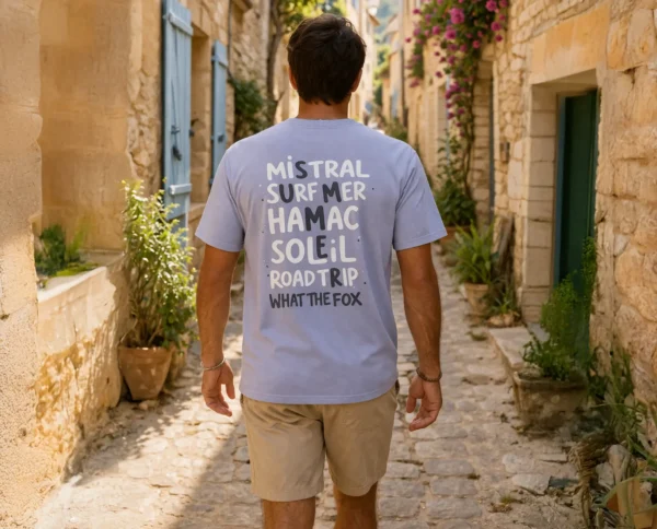 Homme de dos portant un t-shirt lila dans un village du sud de la france pendant un road trip
