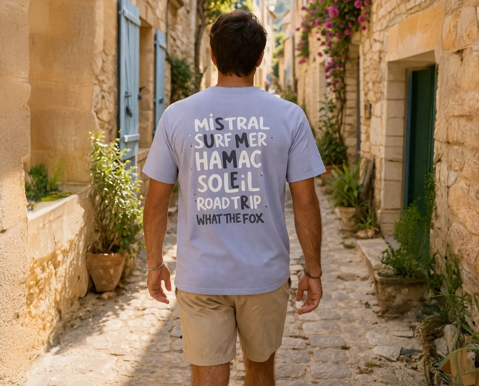 Homme de dos portant un t-shirt lila dans un village du sud de la france pendant un road trip